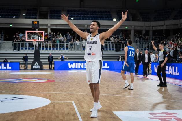 Basketball Heidelberg 28 02 2022 World Cup Qualifiers FIBA Basketball World Cup European Qualifiers Germany GER Israel ISR Johannes Thiemann Germany, No 32 Cheers