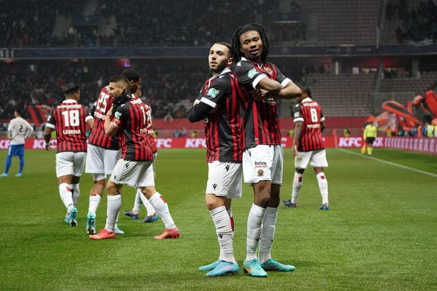 Joie - Amine Gouiri (OGC Nice) - Khephren Thuram (OGC Nice) FOOTBALL : OGC Nice vs Versailles - Demi finale de coute de France - Nice - 01 03 2022 NorbertScanella Panoramic 