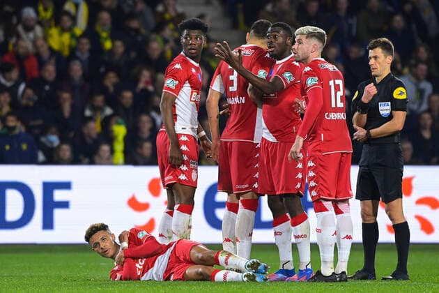 Coup franc - Ambiance - Sofiane DIOP ( 37 - Monaco ) - Oliveira Silva Caio ( 12 - Monaco ) - Maripan Guillermo ( 3 - Monaco ) - Aurelien TCHOUAMENI ( 8 - Monaco ) - FOOTBALL : Nantes vs Monaco - Coupe de France - 02 03 2022 FedericoPestellini Panoramic 