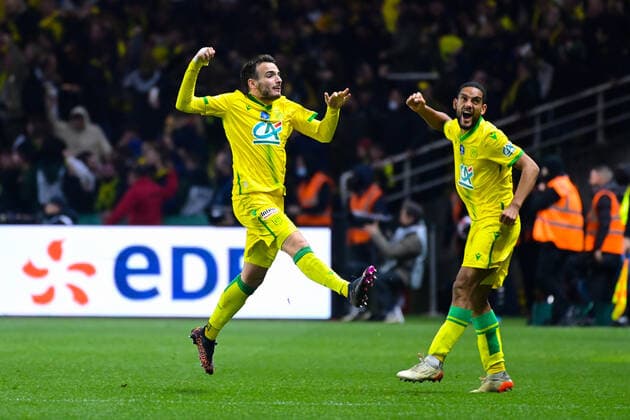 Attitude - Joie de Jean Charles CASTELLETTO ( 21 - Nantes ) - Pedro CHIRIVELLA BURGOS ( 5 - Nantes ) - FOOTBALL : Nantes vs Monaco - Coupe de France - 02 03 2022 FedericoPestellini Panoramic 