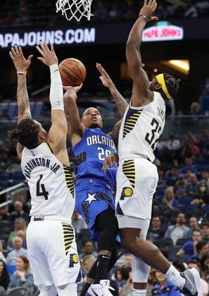March 2, 2022, Orlando, Florida, USA: Orlando Magic guard Markelle Fultz (20) shoots between Indiana Pacers defenders Duane Washington Jr. (4) and forward Terry Taylor (32) at the Amway Center on Wednesday, March 2, 2022, in Orlando, Florida. Orlando USA - ZUMAm67_ 0152558682st Copyright: xStephenxM.xDowellx