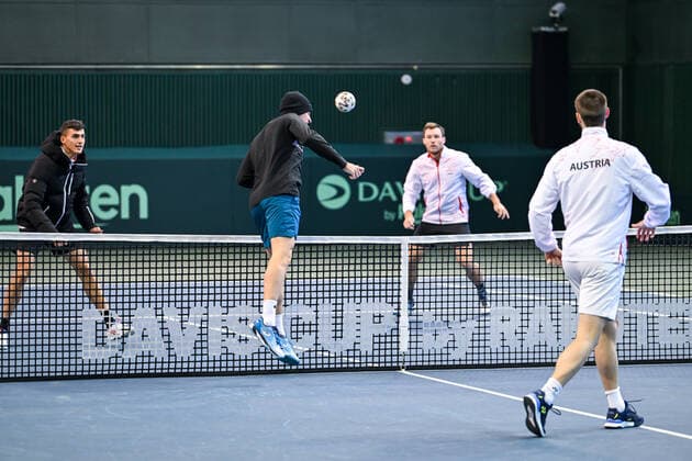 TENNIS - ITF Davis Cup 2022 SEOUL,SOUTH KOREA,03.MAR.22 - TENNIS - ITF Davis Cup 2022, South Korea vs Austria, preview. Image shows Alexander Erler, Lucas Miedler, Dennis Novak and Jurij Rodionov (AUT) during warm-up.  GEPAxpictures xChristianxMoser