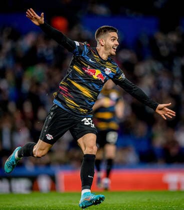 Leipzigs Andre Silva celebrates after scoring 2 0 Football Europa League, play offs second leg Real Sociedad San Sebastian RB Leipzig 1 3 24 February 2022 San Sebastian Spain , Estadio Anoeta Reale Arena Real Sociedad San Sebastian RB Leipzig 1 3