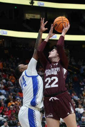 NASHVILLE, TN - MARCH 03: Mississippi State Bulldogs center Charlotte Kohl (22) takes a shot over Kentucky Wildcats forward Dre una Edwards (44) during a second round game of the SEC Women™s Basketball Tournament between the Kentucky Wildcats and Mississippi State Bulldogs, March 3, 2022, at Bridgestone Arena in Nashville, Tennessee. (Photo by Matthew Maxey Icon Sportswire) COLLEGE BASKETBALL: MAR 03 SEC Women s Tournament - Kentucky Wildcats v Mississippi State Bulldogs Icon22030320