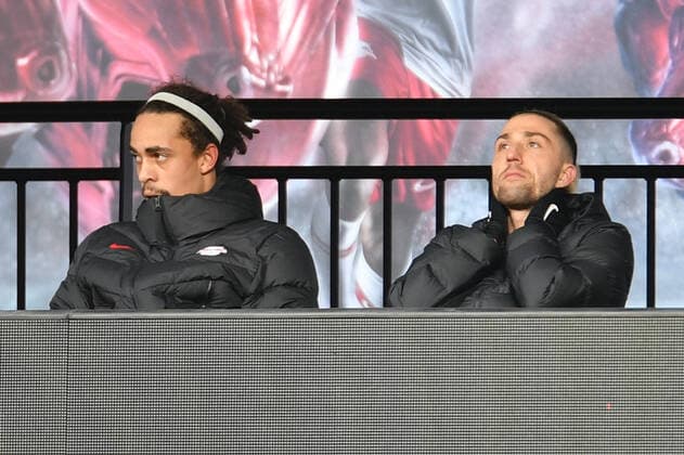 The substituted Yussuf Poulsen RB Leipzig left and Kevin Kampl RB Leipzig right , RB Leipzig vs SC Freiburg, Football, 1 Bundesliga, 05 03 2022 DFB DFL REGULATES PROHIBIT ANY USE OF PHOTOGRAPHS AS IMAGE SEQUENCES AND OR QUASI VIDEO RB Leipzig vs SC Freiburg, Football, 1 Bundesliga, 05 03 2022 Leipzig Copyright: xBertxHarzer xEibner-Pressefotox