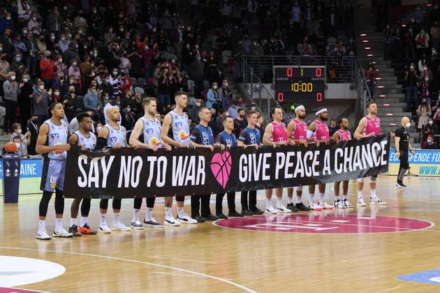 Bonn, Germany 05 03 2022, Telekom Dome, Basketball Bundesliga, 23 Spieltag, BBL, Telekom Baskets Bonn vs Hakro Merlins Crailsheim, banner against the war in Ukraine, give peace a chance