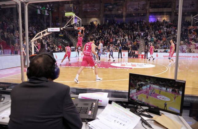 View through reporter booth on the game Telekom Baskets Bonn vs HAKRO Merlins Crailsheim easyCredit BBL 1 Bundesliga , season 2021 2022 , main round 23 matchday