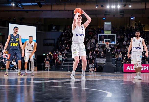 Lukas Meisner Towers during free throw 05 03 22, Hamburg, Hamburg Towers vs EWE Baskets Oldenburg, easyCredit BBL, Basketball Bundesliga, 1 Liga, season 2021 2022, matchday 23 Â