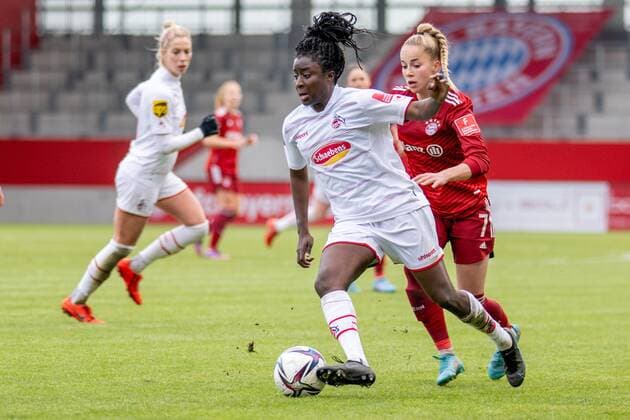 Eunice Beckmann 11 1 FC Koeln , Giulia Gwinn 7 FC Bayern Frauen , FC Bayern Frauen Muenchen vs 1 FC Koeln, Flyeralarm Frauen Bundesliga, 06 03 22 DFB regulations prohibit any use of photographs as image sequences and or quasi video kolbert press Muenchen Bayern Germany Copyright: xkolbert-press UlrichxGamelx