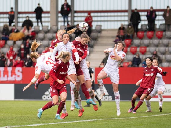 Rachel Rinast 31 FC Cologne , Glodis Perla Viggosdottir 14 FC Bayern Munich , Peggy Kuznik 21 FC Cologne , Karolina Lea Vilhjalmsdottir 23 FC Bayern Munich n action at the Flyeralarm womens Bundesliga match FC Bayern Munich 1 FC Cologne on 06 03 2022