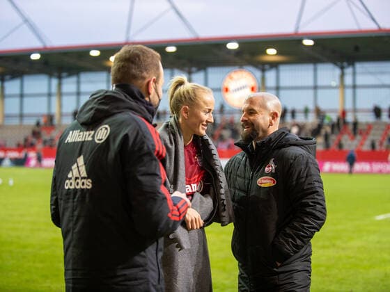 Lea Schüller 11 FC Bayern Munich with Sascha Glass coach FC Cologne at the Flyeralarm womens Bundesliga match FC Bayern Munich 1 FC Cologne on 06 03 2022