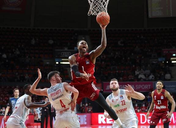 Bavarias 1 Deshaun THOMAS Basketball, FC Bayern Bamberg, on 6 03 2022 Basketball Bundesliga, FC Bayern Munich Basketball Brose Bamberg, 2021 2022 season, in Munich, A U D I D O M E, Germany Source Copyright Credit Oryk HAIST x1DX34953x
