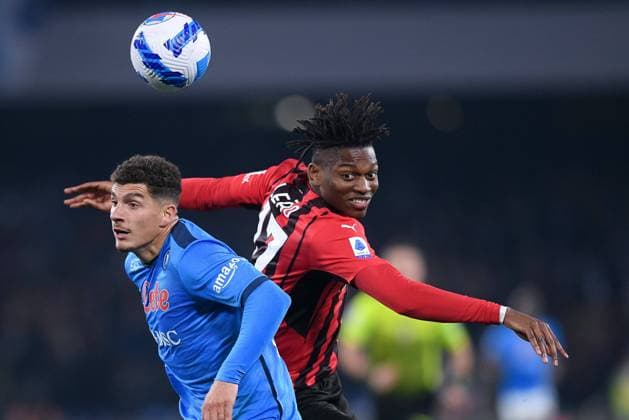Rafael Leao of AC Milan and Giovanni Di Lorenzo of SSC Napoli jump for the ball during the Serie A match between SSC Napoli and AC Milan at Stadio Diego Armando Maradona, Naples, Italy on 6 March 2022. Photo by Giuseppe Maffia. Naples Stadio Diego Armando Maradona Naples Italy Copyright: xGiuseppexMaffiax SP24-265-003