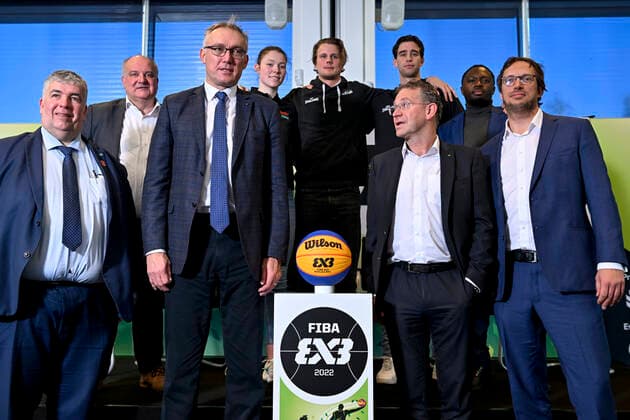 Peter Wouters, Antwerp Alderman of Sports, Koen Umans, General Manager Belgian Cats, Kamil Novak, FIBA Executive Director Europe, Ine Joris, athlete Thibaut Vervoort , athlete Rafael Bogaerts , Joris Cnockaert, Chief Commercial Officer Crelan-AXA, Lieven Ndala and Michel Francken, CEO Golazo Events pictured during a press conference, PK, Pressekonferenz on the World Championship, WM, Weltmeisterschaft basket 3x3 in Antwerp from 21 to 26 June 2022, Tuesday 08 March 2022, in Berchem. DIRKxWAEM  x19465982x