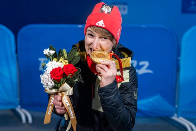 Yanqing China Medal Plaza 08 03 2022 Para Alpine Skiing FORSTER, Anna Lena GER from BRSV Radolfzell BAD cheers on winning the gold medal at the award ceremony in the Women™s Super Combined competition, downhill and slalom Credit Mika Volkmann.