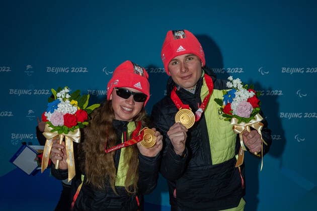 Paralympics Beijing 2022 Para Biathlon Middle Distance Beijing CHINA 05 03 22 Competition Day 1 ZHANGJIAKOU NATIONAL BIATHLON CENTER Para Biathlon Middle Distance Gold for WALTER, Leonie GER from SC St Peter BAD , born 17 10 2004 in Freiburg, paralympic classification B2 and STRECKER, Pirmin GER from SV Kirchzarten BAD , born 17 06 2002 in Freiburg, paralympic classification Guide Leonie Walter Credit Ralf Kuckuck, DBS
