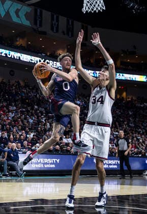 March 08 2022 Las Vegas, NV, U.S.A. St. Mary s guard Logan Johnson (0) drives to the hoop during the NCAA, College League, USA West Coast Conference Men s Basketball Tournament Championship game between Gonzaga Bulldogs and the Saint MaryÃ¢â‚¬â ¢s Gaels. Gonzaga beat Saint MaryÃ¢â‚¬â ¢s 82-69 at at Orleans Arena Las Vegas, NV. CSM Las Vegas USA - ZUMAc04_ 20220309_zaf_c04_032 Copyright: xThurmanxJamesx