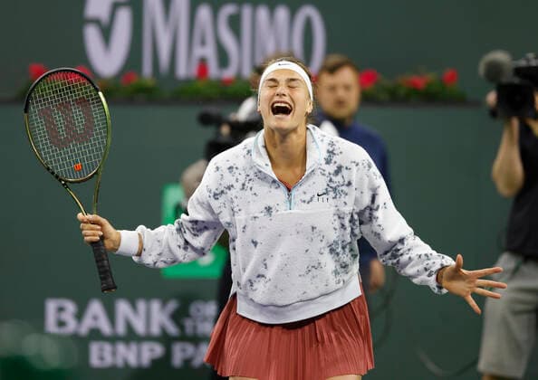 March 08, 2022 Aryna Sabalenka of Belarus reacts during the Eisenhower Cup of the 2022 BNP Paribas Open at Indian Wells Tennis Garden in Indian Wells, California. Mandatory Photo Credit : CSM. Indian Wells United States of America - ZUMAc04_ 20220308_zaf_c04_159 Copyright: xCharlesxBausx