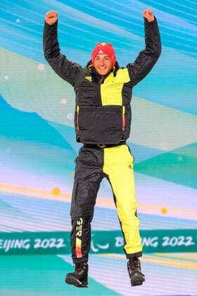 Paralympic Games Beijing 2022 09 3 2022 Day 5 ZHANGIJAKOU, PEOPLES REPUBLIC OF CHINA MARCH 09 Image of the Paralympic Games Beijing 2022 during the medal ceremonies at Zhangijakou Medals Plaza of Zhangijakou on 20 8 2021 in Hebei Peoples Republic of China MAIER, Marco GER , local club SV Kirchzarten BAD , date of birth 20 12 1999 place of birth Oberstdorf, paralympic classification LW8 standing jumping on the podium for his silver medal Oliver Kremer DBS Copyright: xBEAUTIFULxSPORTS OliverxKremerx