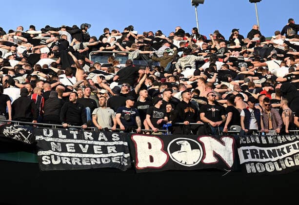 09 03 2022, xjhx, football UEFA Europa League, Real Betis Sevilla Eintracht Frankfurt emspor, v l fans Eintracht Frankfurt, mood, scarves, Ultras UF 97 Brigade Nassau Hooligans DFL DFB REGULATIONS PROHIBIT ANY USE OF PHOTOGRAPHS AS IMAGE SEQUENCES AND OR QUASI VIDEO Sevilla