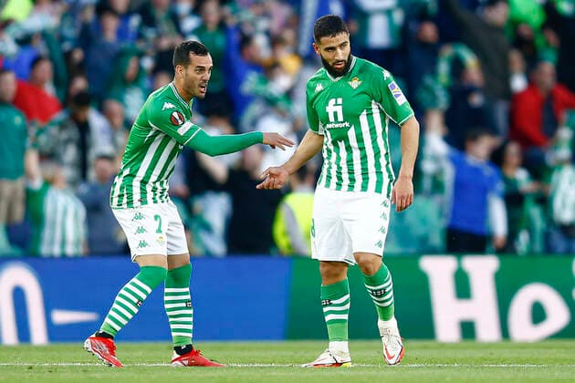 ESP: Real Betis-Eintracht Frankfurt. UEFA Europa League Nabil Fekir of Real Betis celebrates his goal with Juanmi during the UEFA Europa League match, round of 16 between Real Betis and Eintracht Frankfurt played at Benito Villamarin Stadium on March 09, 2022 in Sevilla, Spain. (Antonio Pozo PRESSINPHOTO) kpng Copyright: xAntonioxPozox xPRESSINPHOTOx AP_090322_07