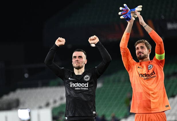 09 03 2022, xjhx, football UEFA Europa League, Real Betis Sevilla Eintracht Frankfurt emspor, v l jubilation joy of victory Filip Kostic Eintracht Frankfurt Kevin Trapp Eintracht Frankfurt DFL DFB REGULATIONS PROHIBIT ANY USE OF PHOTOGRAPHS as IMAGE SEQUENCES and or QUASI VIDEO Sevilla