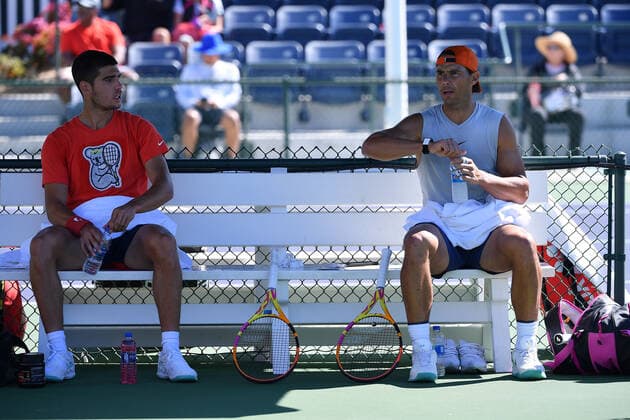 Rafael Nadal and Carlos Alcaraz practicing TENNIS : BNP Paribas Open 2022 - 09 03 2023 AntoineCouvercelle Panoramic 