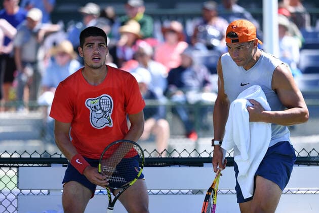 Rafael Nadal and Carlos Alcaraz practicing TENNIS : BNP Paribas Open 2022 - 09 03 2023 AntoineCouvercelle Panoramic 