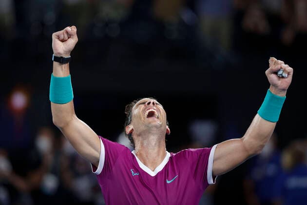 Rafael Nadal ESP cheers after victory, jubilation, joy, emotion Tennis Australian Open 2022 Grand Slam Melbourne Park Melbourne Victoria Australia 31 January 2022 Copyright: xJuergenxHasenkopfx