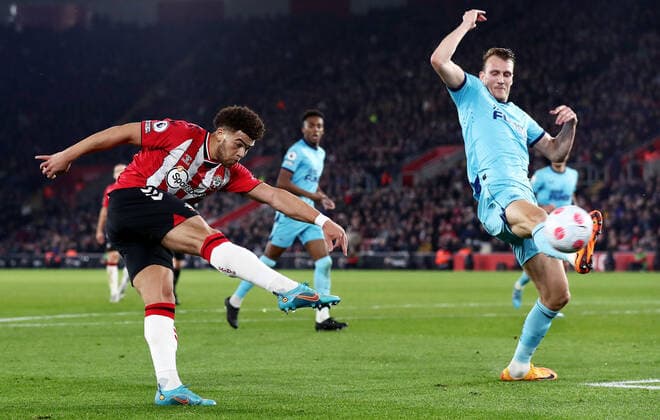 Mandatory Credit: Photo by James Marsh Shutterstock (12843048y) The shot of Che Adams of Southampton hits the bar. Southampton v Newcastle United, Premier League, Football, St Mary s Stadium, Southampton, UK - 10 Mar 2022 EDITORIAL USE ONLY No use with unauthorised audio, video, data, fixture lists, club league logos or live services. Online in-match use limited to 120 images, no video emulation. No use in betting, games or single club league player publications. Southampton v Newcastle United, Premier League, Football, St Mary s Stadium, Southampton, UK - 10 Mar 2022 EDITORIAL USE ONLY No use with unauthorised audio, video, data, fixture lists, club league logos or live services. Online in-match use limited to 120 images, no video emulation. No use in betting, games or single club league player publications. Copyright: xJamesxMarsh Shutterstockx 12843048y