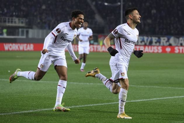 Bergamo, Italy, 10th March 2022. Charles Aranguiz of Bayer Leverkusen celebrates with team mate Lucas Alario after scoring to give the side a 1-0 lead during the UEFA Europa League match at Gewiss Stadium, Bergamo. Picture credit should read: Jonathan Moscrop Sportimage EDITORIAL USE ONLY. No use with unauthorised audio, video, data, fixture lists, club league logos or live services. Online in-match use limited to 120 images, no video emulation. No use in betting, games or single club league player publications. SPI-1574-0002