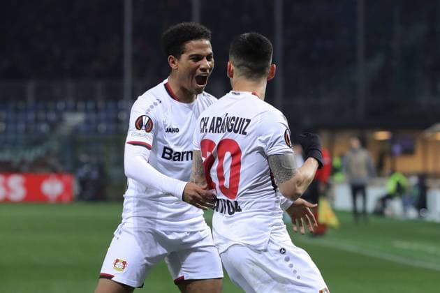 Sport Bilder des Tages Bergamo, Italy, 10th March 2022. Charles Aranguiz of Bayer Leverkusen celebrates with team mate Amine Adli after scoring to give the side a 1-0 lead during the UEFA Europa League match at Gewiss Stadium, Bergamo. Picture credit should read: Jonathan Moscrop Sportimage EDITORIAL USE ONLY. No use with unauthorised audio, video, data, fixture lists, club league logos or live services. Online in-match use limited to 120 images, no video emulation. No use in betting, games or single club league player publications. SPI-1574-0006
