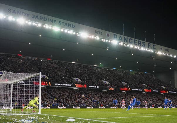 Mandatory Credit: Photo by Stuart Wallace Shutterstock (12843073i) Rangers Captain James Tavernier beats Crvena Zvezda goalkeeper Milan Borjan from the penalty spot to give Rangers a 1-0 lead. Rangers v Red Star Belgrade, Europa League, Round of 16, First Leg, Football, Ibrox Stadium, Glasgow, UK - 10 Mar 2022 EDITORIAL USE ONLY No use with unauthorised audio, video, data, fixture lists, club league logos or live services. Online in-match use limited to 120 images, no video emulation. No use in betting, games or single club league player publications. Rangers v Red Star Belgrade, Europa League, Round of 16, First Leg, Football, Ibrox Stadium, Glasgow, UK - 10 Mar 2022 EDITORIAL USE ONLY No use with unauthorised audio, video, data, fixture lists, club league logos or live services. Online in-match use limited to 120 images, no video emulation. No use in betting, games or single club league player publications. Copyright: xStuartxWallace Shutterstockx 12843073i