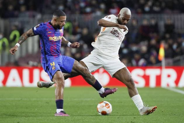 Barcelona, Spain, March 10th 2021: Memphis Depay (9 FC Barcelona, Barca and Ryan Babel (8 Galatasaray) during, UEFA Europa League match between Barcelona and Galatasaray at Camp Nou stadium in Barcelona, Spain. Rafa Huerta SPP Barcelona v Galatasaray - UEFA Europa League - Camp Nou Stadium 