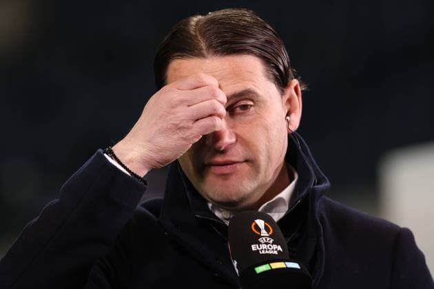 Bergamo, Italy, 10th March 2022. Gerardo Seoane Head coach of Bayer Leverkusen reacts during a tv inter new following the final whistle of the UEFA Europa League match at Gewiss Stadium, Bergamo. Picture credit should read: Jonathan Moscrop Sportimage EDITORIAL USE ONLY. No use with unauthorised audio, video, data, fixture lists, club league logos or live services. Online in-match use limited to 120 images, no video emulation. No use in betting, games or single club league player publications. SPI-1574-0039
