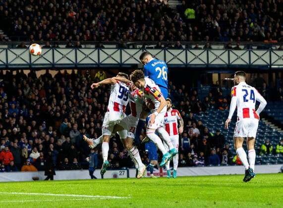 Mandatory Credit: Photo by Luke Nickerson Rangers FC Shutterstock (12843267br) Rangers Defender Leon Balogun scores his sides third goal Rangers v Red Star Belgrade, Europa League, Round of 16, First Leg, Football, Ibrox Stadium, Glasgow, UK - 10 Mar 2022 EDITORIAL USE ONLY No use with unauthorised audio, video, data, fixture lists, club league logos or live services. Online in-match use limited to 120 images, no video emulation. No use in betting, games or single club league player publications. Rangers v Red Star Belgrade, Europa League, Round of 16, First Leg, Football, Ibrox Stadium, Glasgow, UK - 10 Mar 2022 EDITORIAL USE ONLY No use with unauthorised audio, video, data, fixture lists, club league logos or live services. Online in-match use limited to 120 images, no video emulation. No use in betting, games or single club league player publications. Copyright: xLukexNickerson RangersxFC Shutterstockx 12843267br