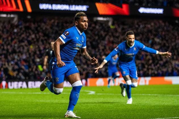 Mandatory Credit: Photo by Kirk O Rourke Rangers FC Shutterstock (12843268ds) Alfredo Morelos of Rangers celebrates his goal during the Europa League match at Ibrox Stadium, Glasgow. Rangers v Red Star Belgrade, Europa League, Round of 16, First Leg, Football, Ibrox Stadium, Glasgow, UK - 10 Mar 2022 EDITORIAL USE ONLY No use with unauthorised audio, video, data, fixture lists, club league logos or live services. Online in-match use limited to 120 images, no video emulation. No use in betting, games or single club league player publications. Rangers v Red Star Belgrade, Europa League, Round of 16, First Leg, Football, Ibrox Stadium, Glasgow, UK - 10 Mar 2022 EDITORIAL USE ONLY No use with unauthorised audio, video, data, fixture lists, club league logos or live services. Online in-match use limited to 120 images, no video emulation. No use in betting, games or single club league player publications. Copyright: xKirkxO Rourke RangersxFC Shutterstockx 12843268ds