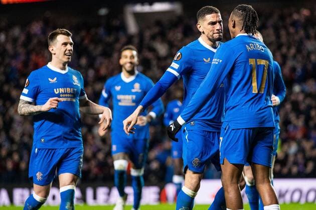 Mandatory Credit: Photo by Kirk O Rourke Rangers FC Shutterstock (12843268ez) Leon Balogun of Rangers celebrates his goal with Joe Aribo during the Europa League match at Ibrox Stadium, Glasgow. Rangers v Red Star Belgrade, Europa League, Round of 16, First Leg, Football, Ibrox Stadium, Glasgow, UK - 10 Mar 2022 EDITORIAL USE ONLY No use with unauthorised audio, video, data, fixture lists, club league logos or live services. Online in-match use limited to 120 images, no video emulation. No use in betting, games or single club league player publications. Rangers v Red Star Belgrade, Europa League, Round of 16, First Leg, Football, Ibrox Stadium, Glasgow, UK - 10 Mar 2022 EDITORIAL USE ONLY No use with unauthorised audio, video, data, fixture lists, club league logos or live services. Online in-match use limited to 120 images, no video emulation. No use in betting, games or single club league player publications. Copyright: xKirkxO Rourke RangersxFC Shutterstockx 12843268ez