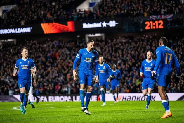 Mandatory Credit: Photo by Kirk O Rourke Rangers FC Shutterstock (12843268ey) Leon Balogun of Rangers celebrates his goal during the Europa League match at Ibrox Stadium, Glasgow. Rangers v Red Star Belgrade, Europa League, Round of 16, First Leg, Football, Ibrox Stadium, Glasgow, UK - 10 Mar 2022 EDITORIAL USE ONLY No use with unauthorised audio, video, data, fixture lists, club league logos or live services. Online in-match use limited to 120 images, no video emulation. No use in betting, games or single club league player publications. Rangers v Red Star Belgrade, Europa League, Round of 16, First Leg, Football, Ibrox Stadium, Glasgow, UK - 10 Mar 2022 EDITORIAL USE ONLY No use with unauthorised audio, video, data, fixture lists, club league logos or live services. Online in-match use limited to 120 images, no video emulation. No use in betting, games or single club league player publications. Copyright: xKirkxO Rourke RangersxFC Shutterstockx 12843268ey