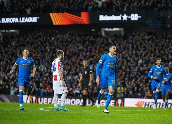 Mandatory Credit: Photo by Stuart Wallace Shutterstock (12843073bp) Leon Balogun of Rangers celebrates scoring to give Rangers a 3-0 lead. Rangers v Red Star Belgrade, Europa League, Round of 16, First Leg, Football, Ibrox Stadium, Glasgow, UK - 10 Mar 2022 EDITORIAL USE ONLY No use with unauthorised audio, video, data, fixture lists, club league logos or live services. Online in-match use limited to 120 images, no video emulation. No use in betting, games or single club league player publications. Rangers v Red Star Belgrade, Europa League, Round of 16, First Leg, Football, Ibrox Stadium, Glasgow, UK - 10 Mar 2022 EDITORIAL USE ONLY No use with unauthorised audio, video, data, fixture lists, club league logos or live services. Online in-match use limited to 120 images, no video emulation. No use in betting, games or single club league player publications. Copyright: xStuartxWallace Shutterstockx 12843073bp