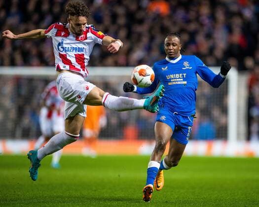 Mandatory Credit: Photo by Kirk O Rourke Rangers FC Shutterstock (12843268eg) Joe Aribo of Rangers chase the ball during the Europa League match at Ibrox Stadium, Glasgow. Rangers v Red Star Belgrade, Europa League, Round of 16, First Leg, Football, Ibrox Stadium, Glasgow, UK - 10 Mar 2022 EDITORIAL USE ONLY No use with unauthorised audio, video, data, fixture lists, club league logos or live services. Online in-match use limited to 120 images, no video emulation. No use in betting, games or single club league player publications. Rangers v Red Star Belgrade, Europa League, Round of 16, First Leg, Football, Ibrox Stadium, Glasgow, UK - 10 Mar 2022 EDITORIAL USE ONLY No use with unauthorised audio, video, data, fixture lists, club league logos or live services. Online in-match use limited to 120 images, no video emulation. No use in betting, games or single club league player publications. Copyright: xKirkxO Rourke RangersxFC Shutterstockx 12843268eg