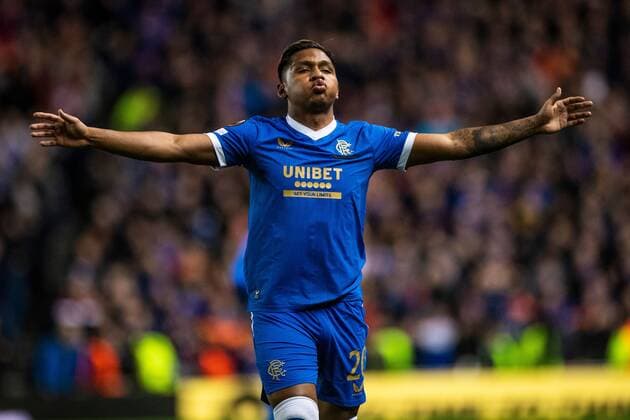 Mandatory Credit: Photo by Kirk O Rourke Rangers FC Shutterstock (12843268fd) Alfredo Morelos of Rangers celebrates his goal during the Europa League match at Ibrox Stadium, Glasgow. Rangers v Red Star Belgrade, Europa League, Round of 16, First Leg, Football, Ibrox Stadium, Glasgow, UK - 10 Mar 2022 EDITORIAL USE ONLY No use with unauthorised audio, video, data, fixture lists, club league logos or live services. Online in-match use limited to 120 images, no video emulation. No use in betting, games or single club league player publications. Rangers v Red Star Belgrade, Europa League, Round of 16, First Leg, Football, Ibrox Stadium, Glasgow, UK - 10 Mar 2022 EDITORIAL USE ONLY No use with unauthorised audio, video, data, fixture lists, club league logos or live services. Online in-match use limited to 120 images, no video emulation. No use in betting, games or single club league player publications. Copyright: xKirkxO Rourke RangersxFC Shutterstockx 12843268fd