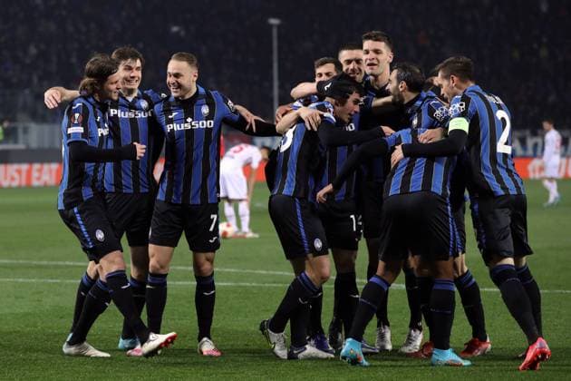 Bergamo, Italy, 10th March 2022. Luis Muriel of Atalanta celebrates with team mates after scoring to give the side a 3-1 lead during the UEFA Europa League match at Gewiss Stadium, Bergamo. Picture credit should read: Jonathan Moscrop Sportimage EDITORIAL USE ONLY. No use with unauthorised audio, video, data, fixture lists, club league logos or live services. Online in-match use limited to 120 images, no video emulation. No use in betting, games or single club league player publications. SPI-1574-0060