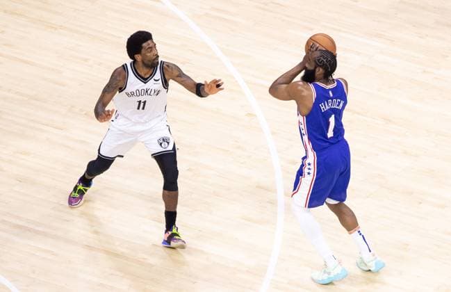 Philadelphia, Pennsylvania, United States of America, March 10th 2022: Kyrie Irving (Nets 1) trying to mark James Harden (76ers 1)& xA