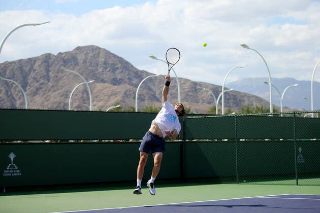 Mandatory Credit: Photo by Ella Ling Shutterstock (12842975do) Stefanos Tsitsipas of Greece in action during practice BNP Paribas Open, Tennis, Day 2, Indian Wells Tennis Garden, California, USA - 10 Mar 2022 BNP Paribas Open, Tennis, Day 2, Indian Wells Tennis Garden, California, USA - 10 Mar 2022 Copyright: xEllaxLing Shutterstockx 12842975do