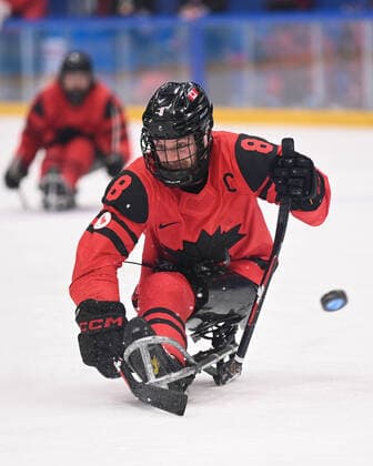 (220311) -- BEIJING, March 11, 2022 -- Tyler McGregor of Canada scores during the para Ice hockey, Eishockey semifinal match between Canada and South Korea of Beijing 2022 Winter Paralympics at National Indoor Stadium in Beijing, March 11, 2022. ) (SP)CHINA-BEIJING-WINTER PARALYMPICS-PARA ICE HOCKEY-SEMIFINAL-CAN VS KOR WuxHuiwo 