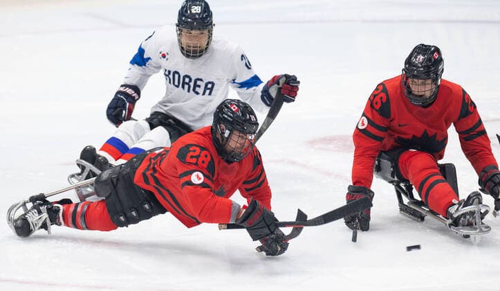 (220311) -- BEIJING, March 11, 2022 -- Antoine Lehoux (Front) of Canada competes during the para Ice hockey, Eishockey semifinal match between Canada and South Korea of Beijing 2022 Winter Paralympics at National Indoor Stadium in Beijing, March 11, 2022. ) (SP)CHINA-BEIJING-WINTER PARALYMPICS-PARA ICE HOCKEY-SEMIFINAL-CAN VS KOR CaixYang 