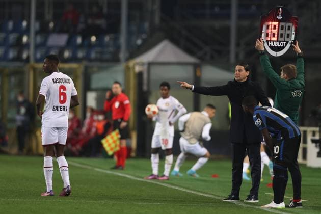 Bergamo, Italy, 10th March 2022. Gerardo Seoane Head coach of Bayer Leverkusen gives directions to his players during a break in play in the UEFA Europa League match at Gewiss Stadium, Bergamo. Picture credit should read: Jonathan Moscrop Sportimage EDITORIAL USE ONLY. No use with unauthorised audio, video, data, fixture lists, club league logos or live services. Online in-match use limited to 120 images, no video emulation. No use in betting, games or single club league player publications. SPI-1574-0117