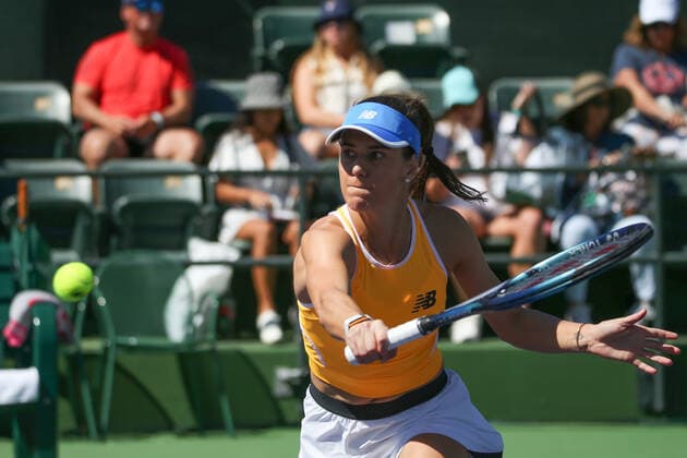 INDIAN WELLS, CA - MARCH 11: Sorana Cirstea (ROU) hits a backhand during the BNP Paribas Open on March 11, 2022 at Indian Wells Tennis Garden in Indian Wells, CA. (Photo by George Walker Icon Sportswire) TENNIS: MAR 11 BNP Paribas Open Icon220311004