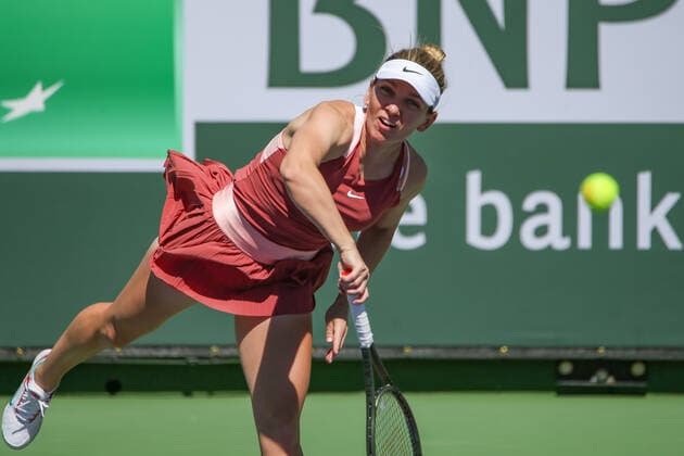 INDIAN WELLS, CA - MARCH 11: Simona Halep (ROU) serves during the BNP Paribas Open on March 11, 2022 at Indian Wells Tennis Garden in Indian Wells, CA. (Photo by George Walker Icon Sportswire) TENNIS: MAR 11 BNP Paribas Open Icon220311010